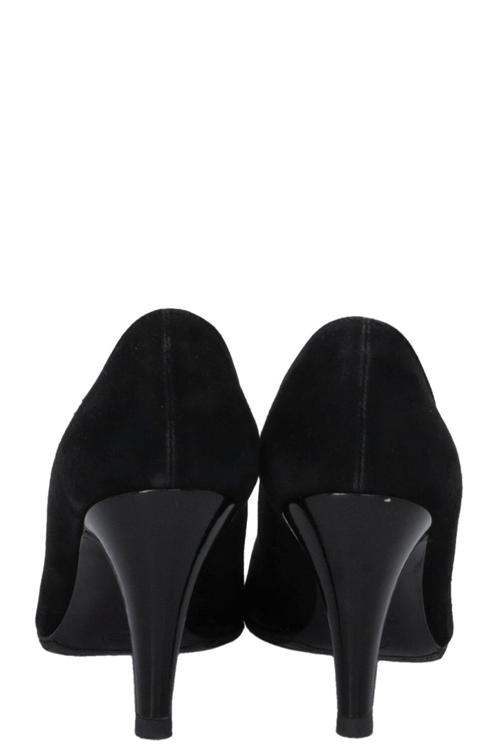 CHANEL Patent Cap Toe Heels Suede Black