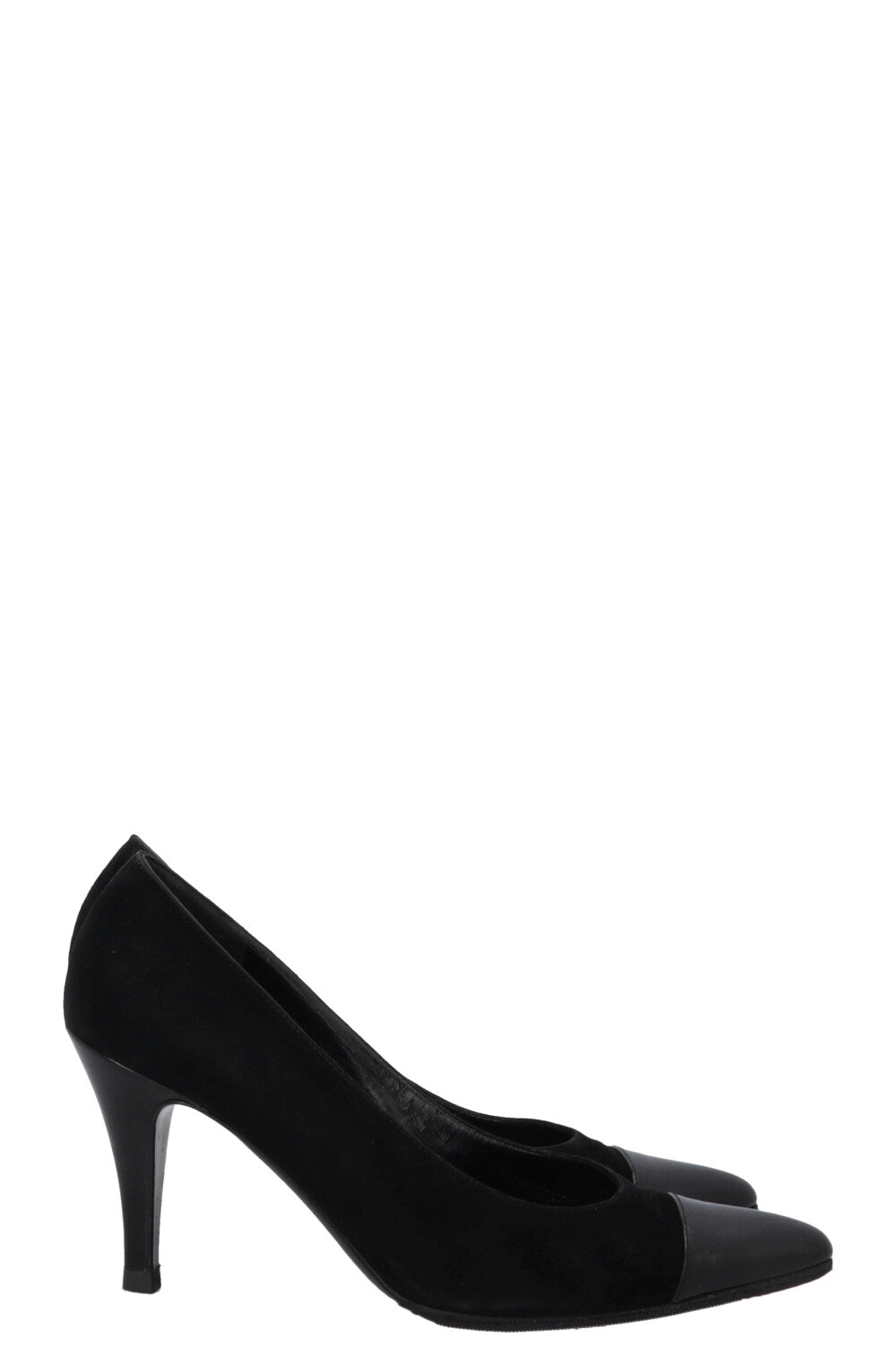 CHANEL Patent Cap Toe Heels Suede Black