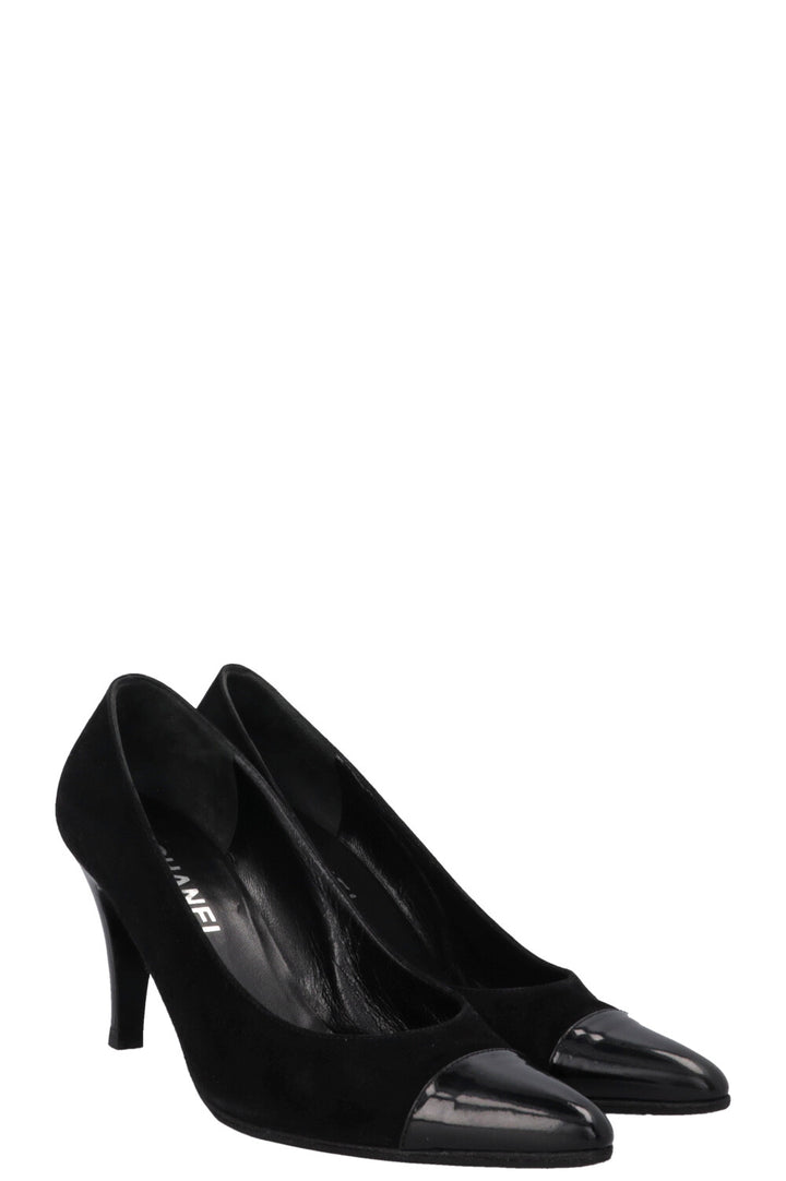 CHANEL Patent Cap Toe Heels Suede Black