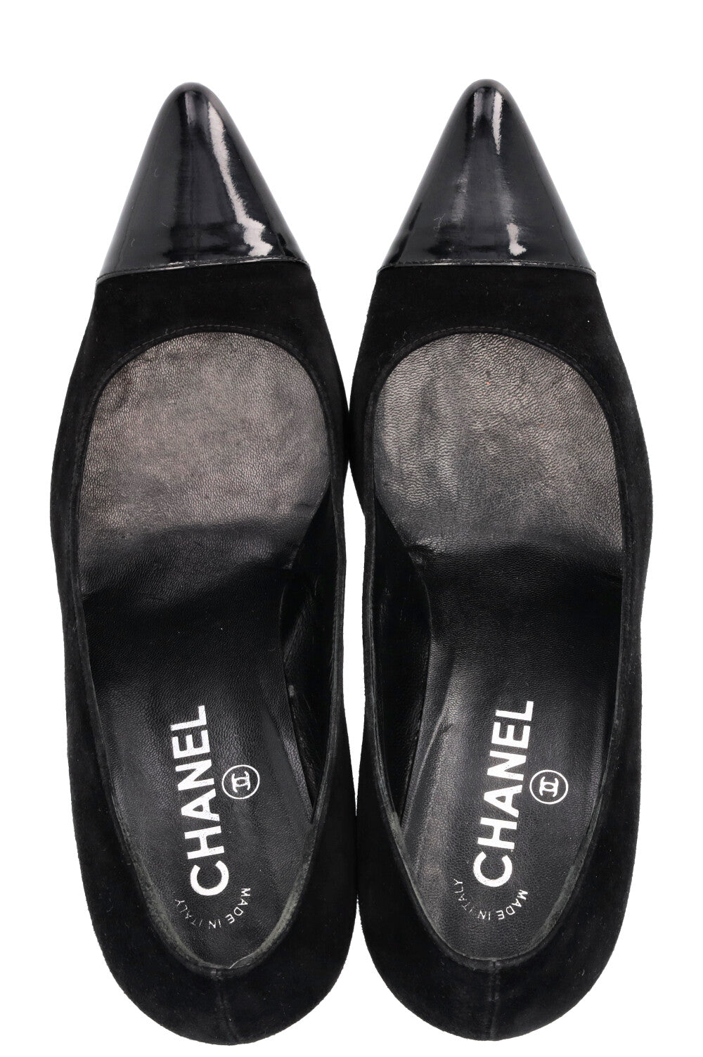 CHANEL Patent Cap Toe Heels Suede Black