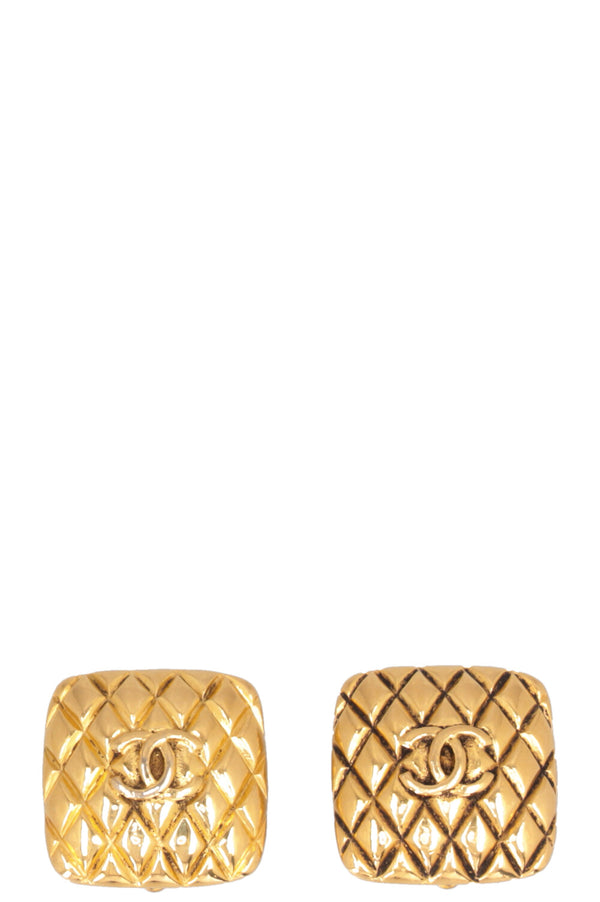 CHANEL 1988 Vintage Quilted CC Earclips Gold