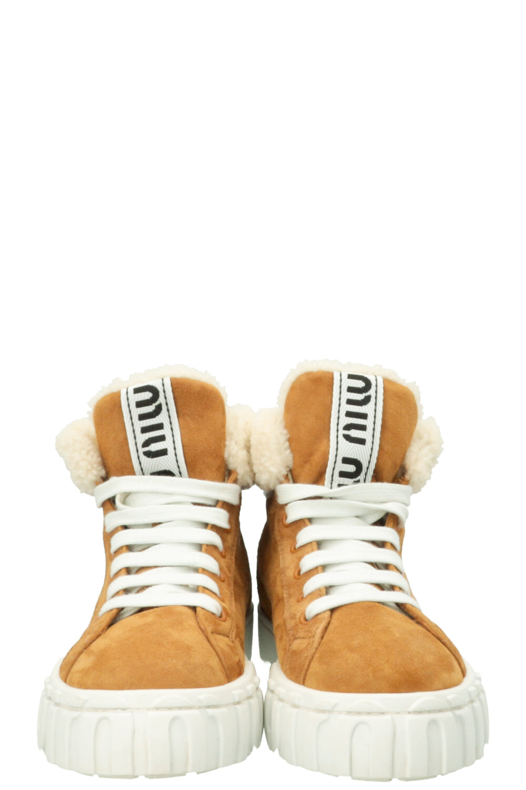 MIUMIU Logo High Top Shearling Sneakers Suede Beige