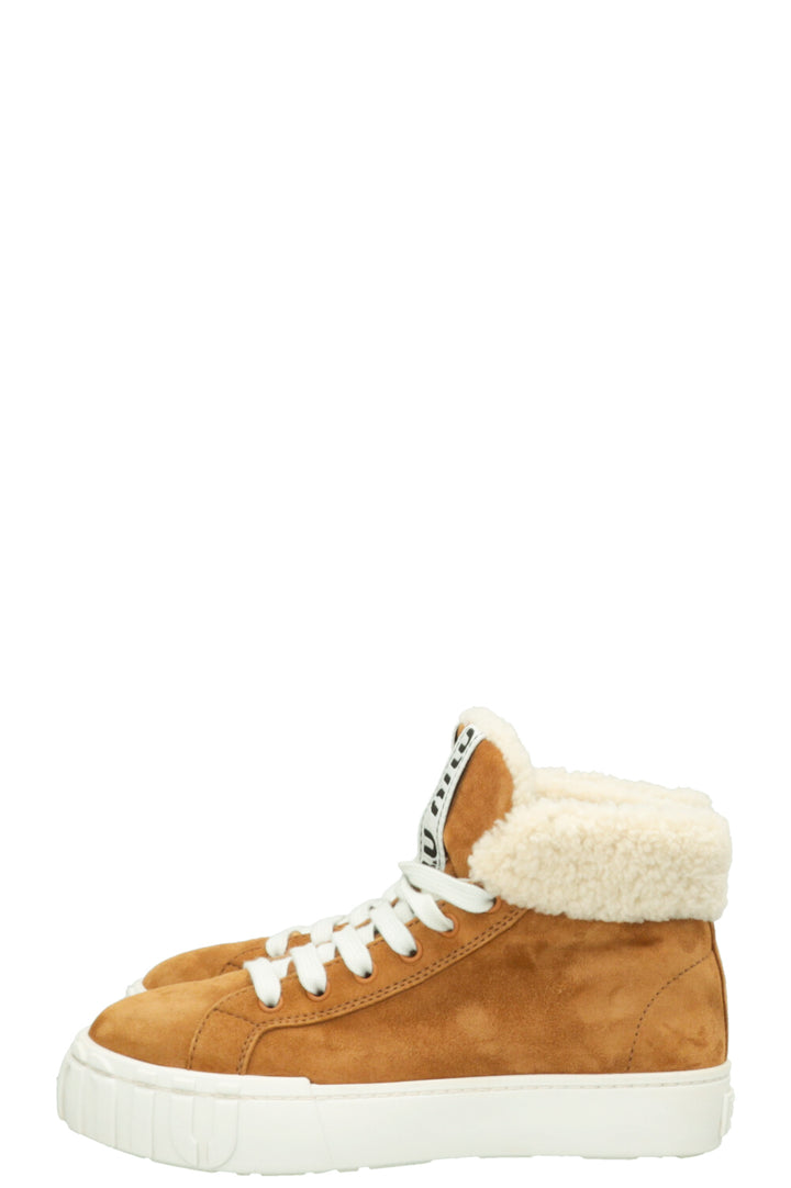 MIUMIU Logo High Top Shearling Sneakers Suede Beige