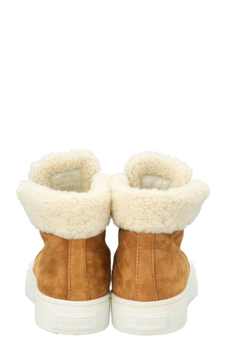 MIUMIU Logo High Top Shearling Sneakers Suede Beige