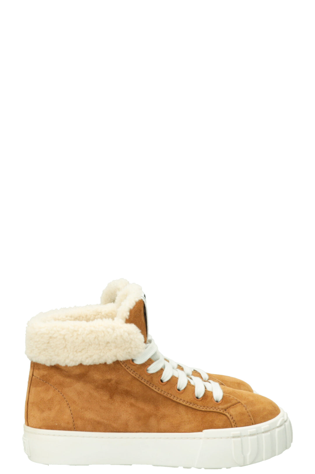 MIUMIU Logo High Top Shearling Sneakers Suede Beige