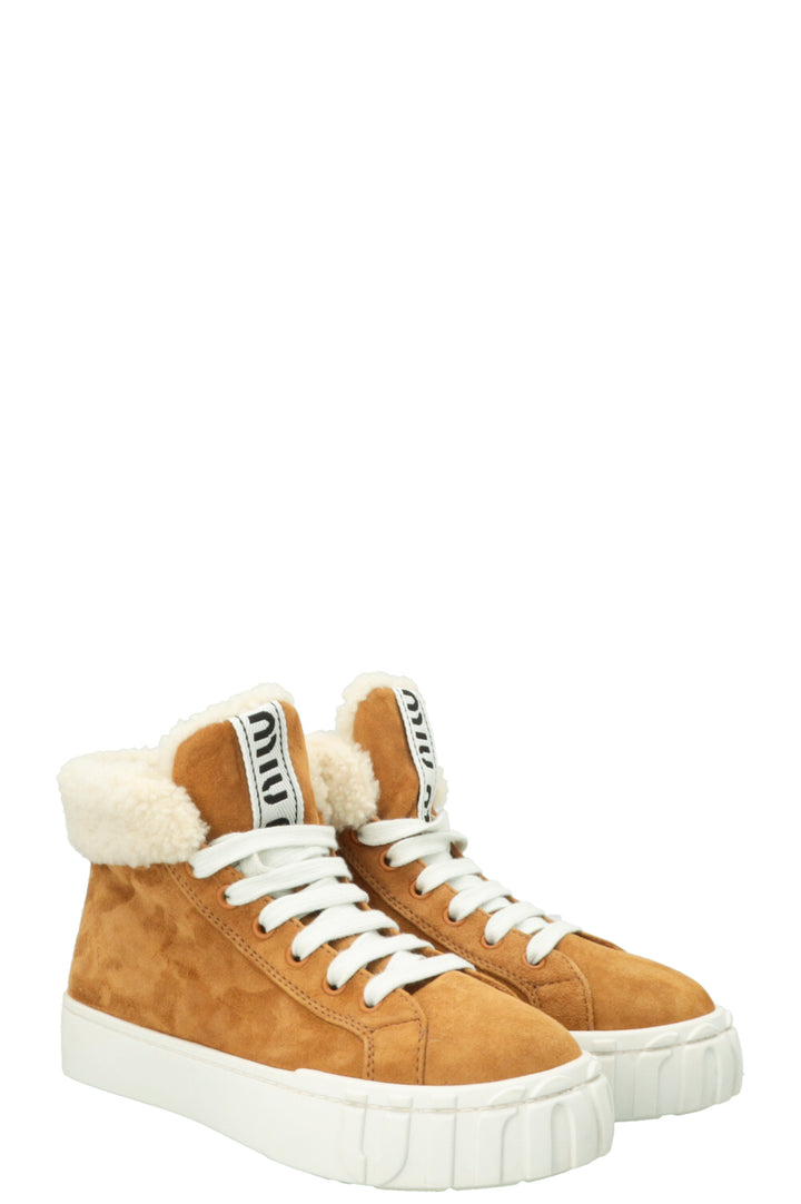 MIUMIU Logo High Top Shearling Sneakers Suede Beige