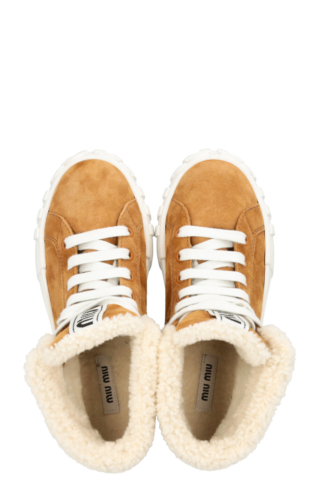 MIUMIU Logo High Top Shearling Sneakers Suede Beige