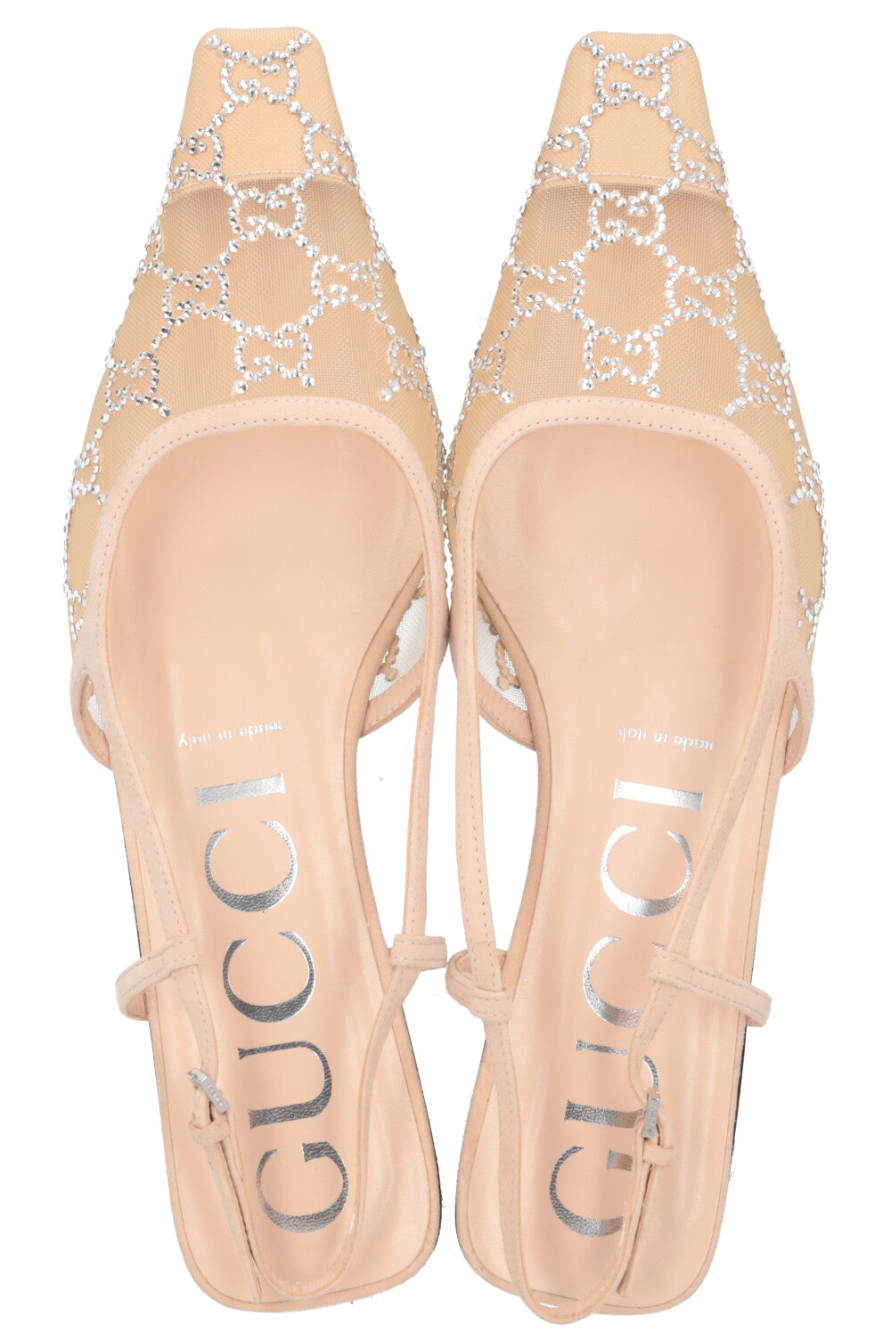 GUCCI GG Slingback Flats Crystals Mesh Beige