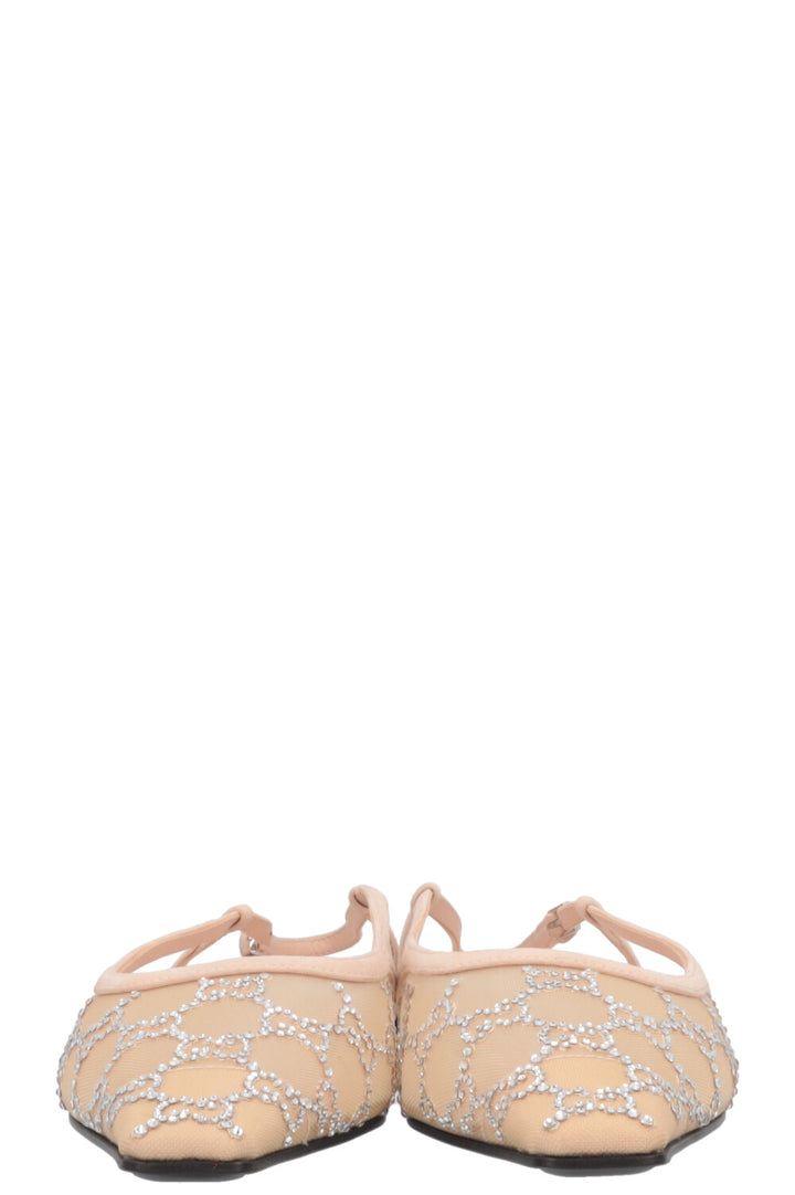 GUCCI GG Slingback Flats Crystals Mesh Beige