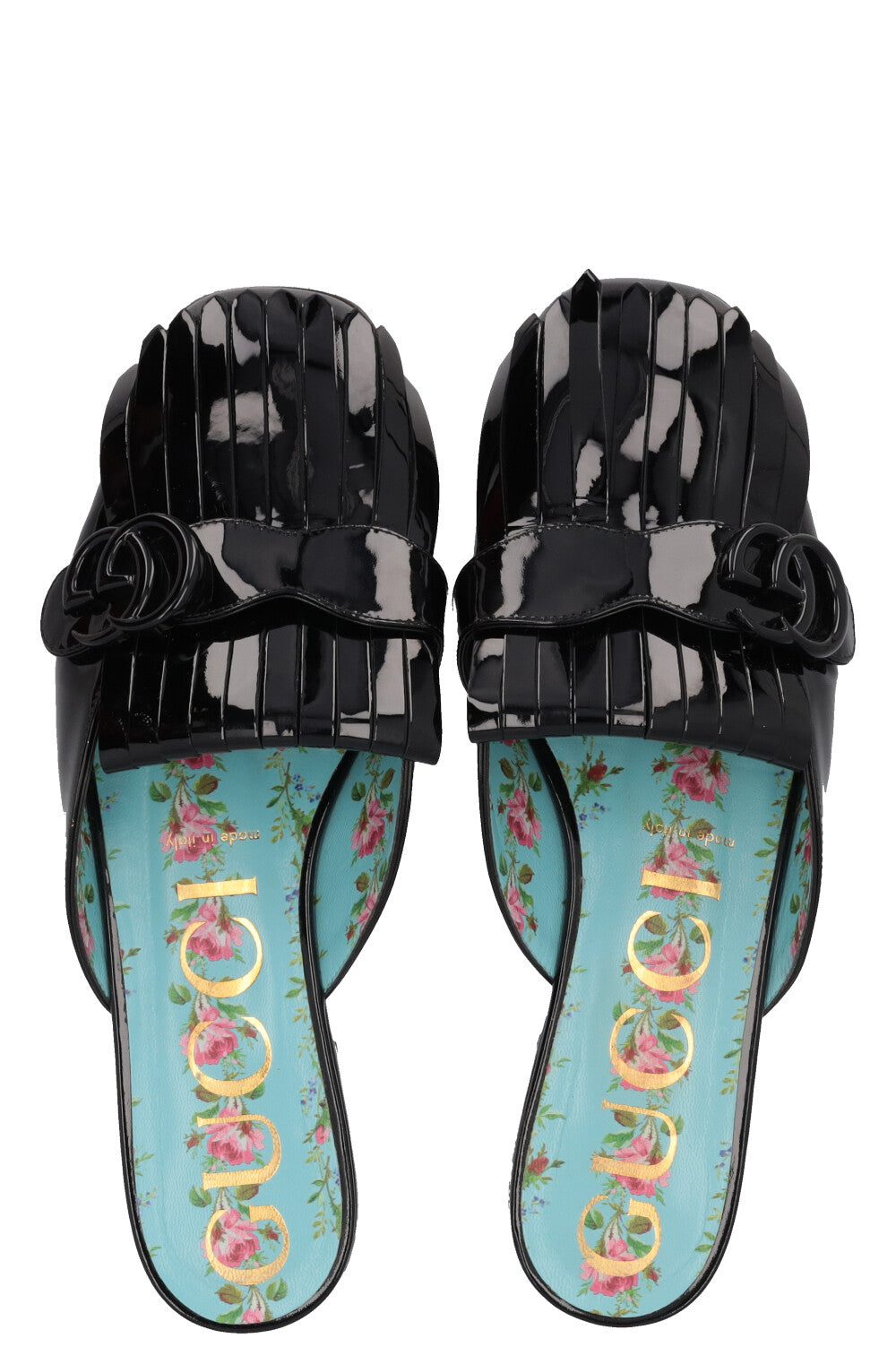 GUCCI Fringed Marmont Mules Patent Black