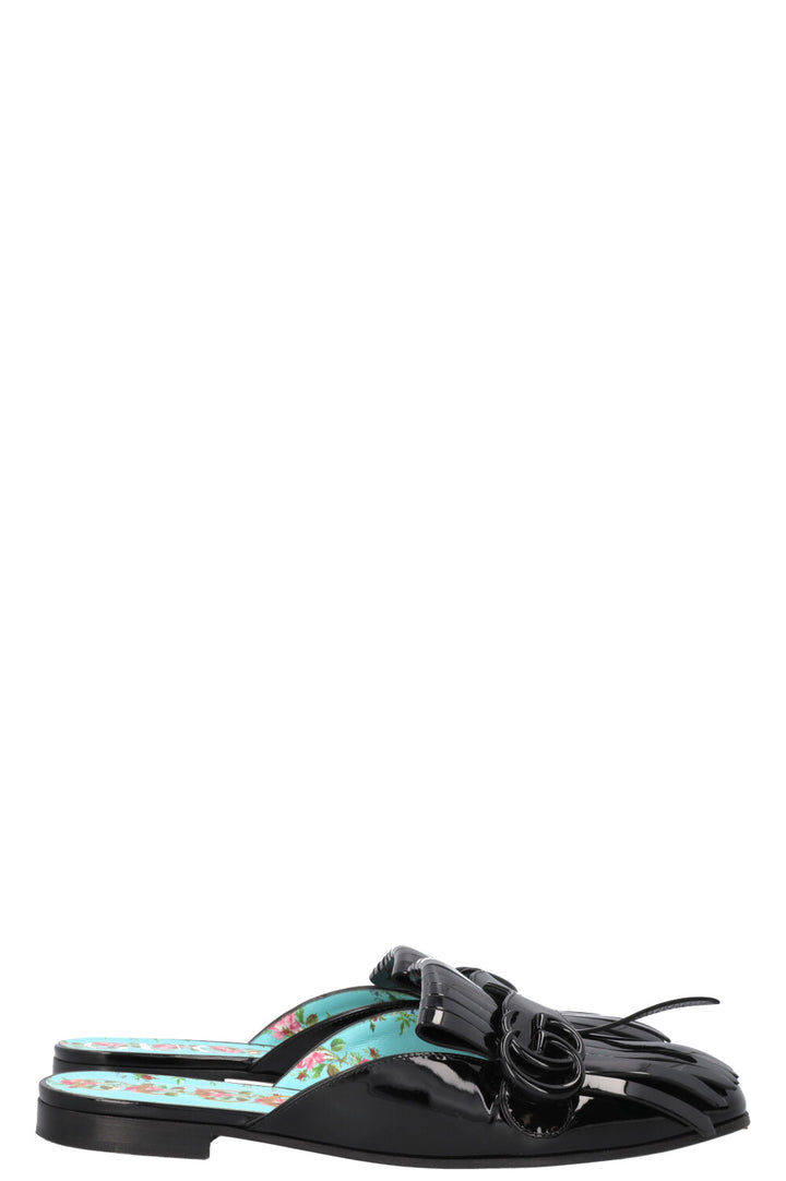 GUCCI Fringed Marmont Mules Patent Black