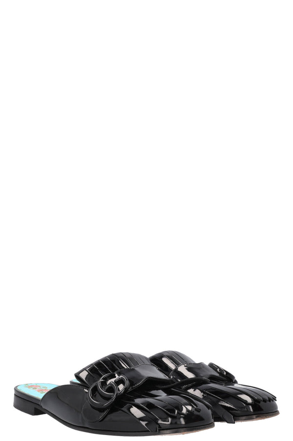 GUCCI Fringed Marmont Mules Patent Black