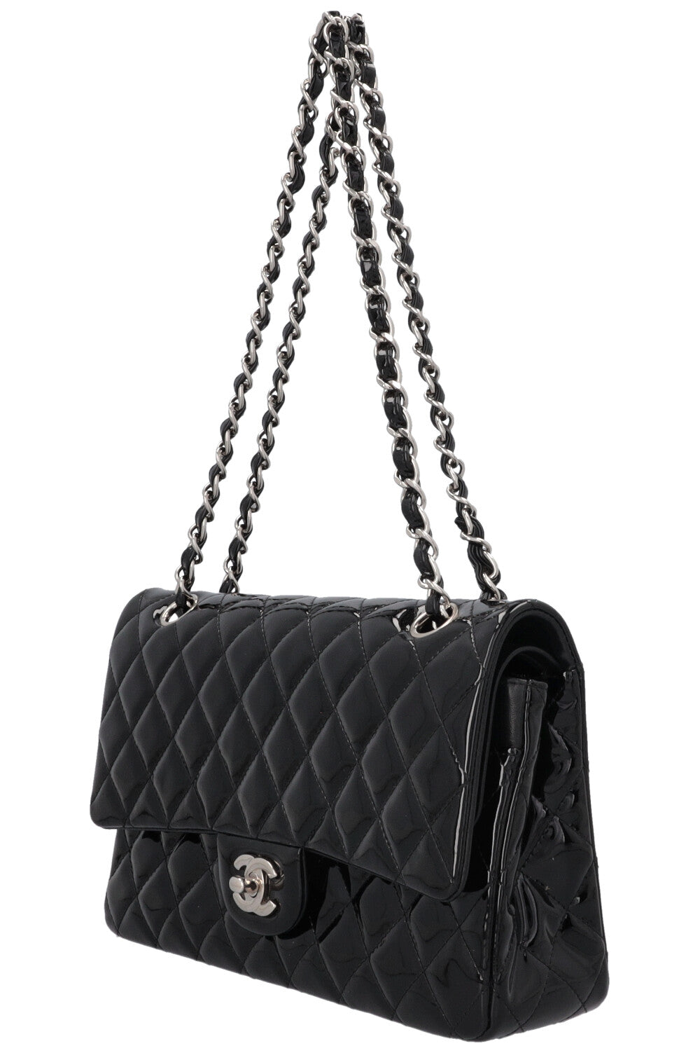 Sac CHANEL moyen à double rabat en cuir verni noir