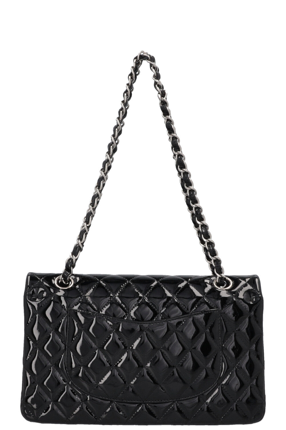 Sac CHANEL moyen à double rabat en cuir verni noir