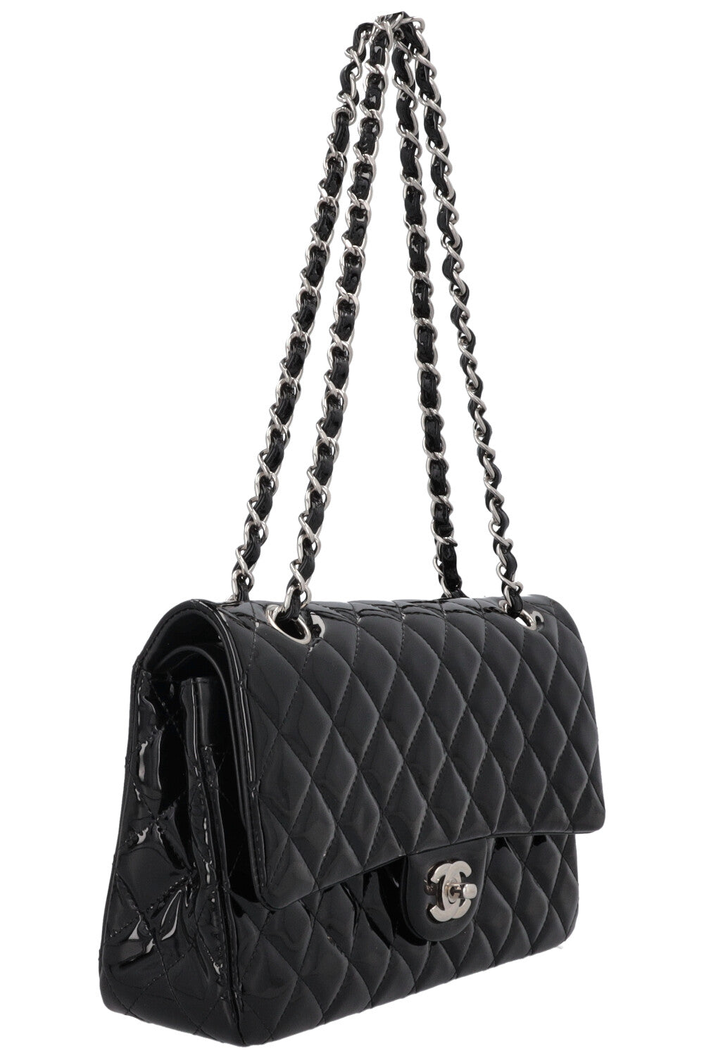 Sac CHANEL moyen à double rabat en cuir verni noir