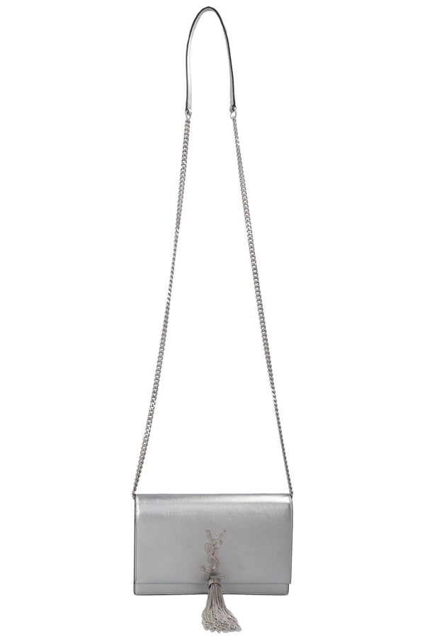 SAINT LAURENT Petit sac bandoulière Kate à pompon argenté
