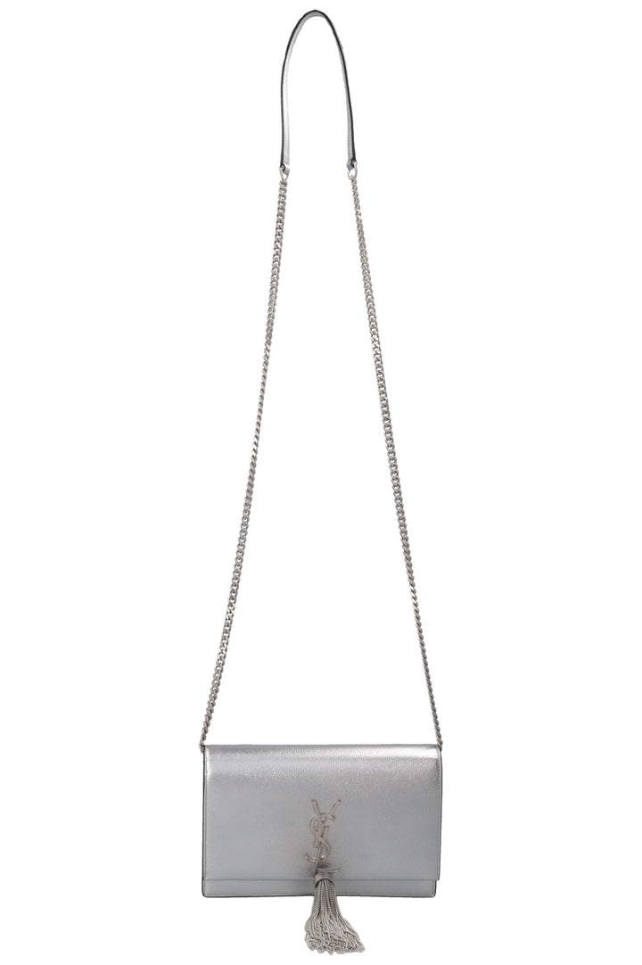 SAINT LAURENT Petit sac bandoulière Kate à pompon argenté