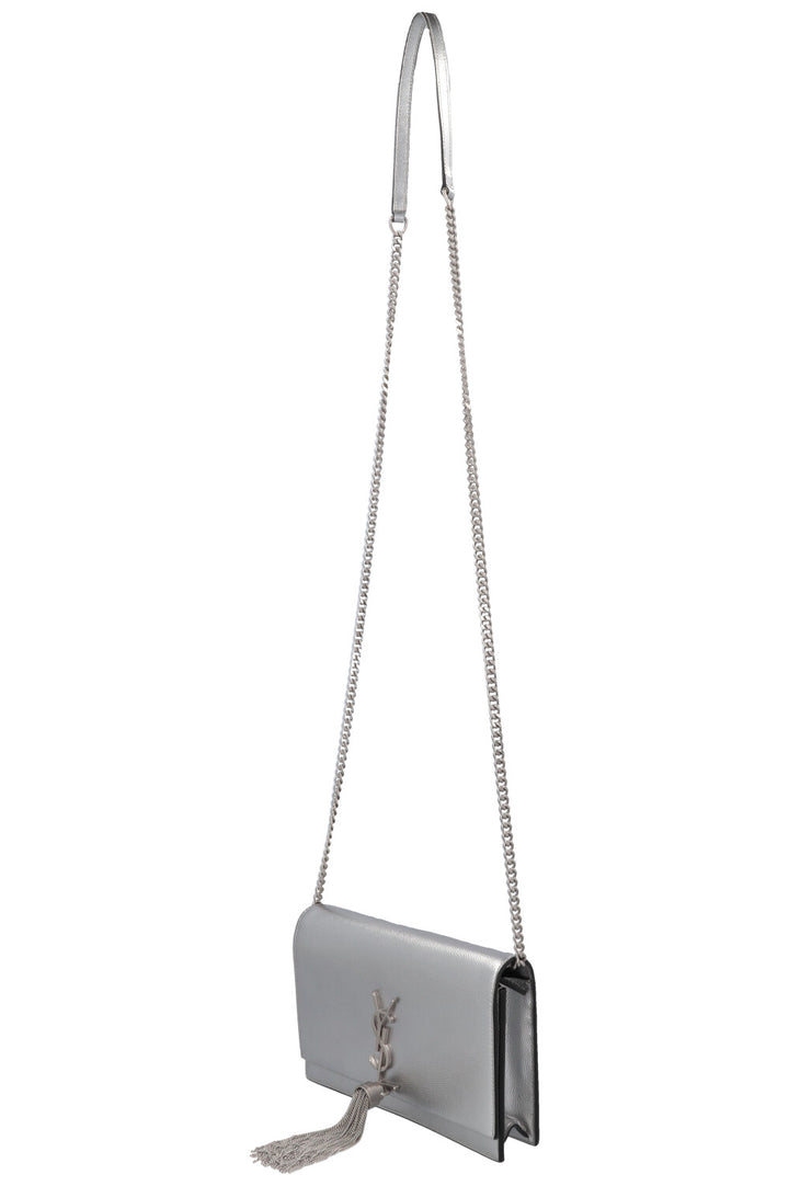 SAINT LAURENT Petit sac bandoulière Kate à pompon argenté