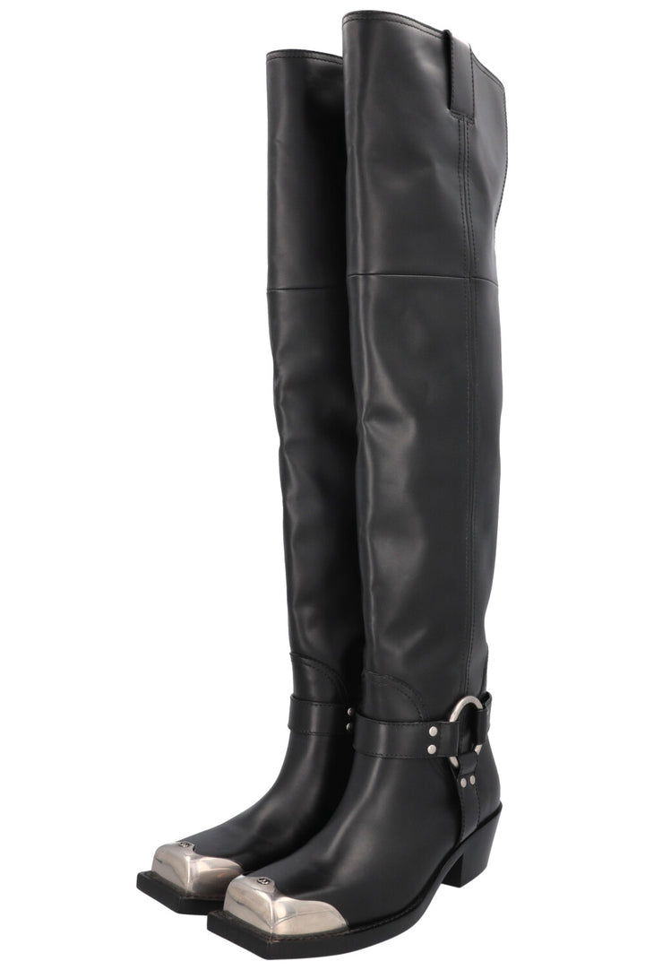 GUCCI Opal Biker Boots Leather Black Silver