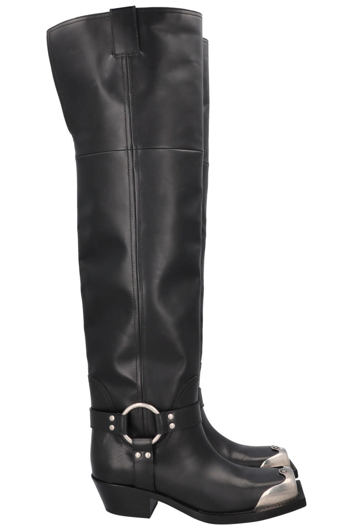 GUCCI Opal Biker Boots Leather Black Silver