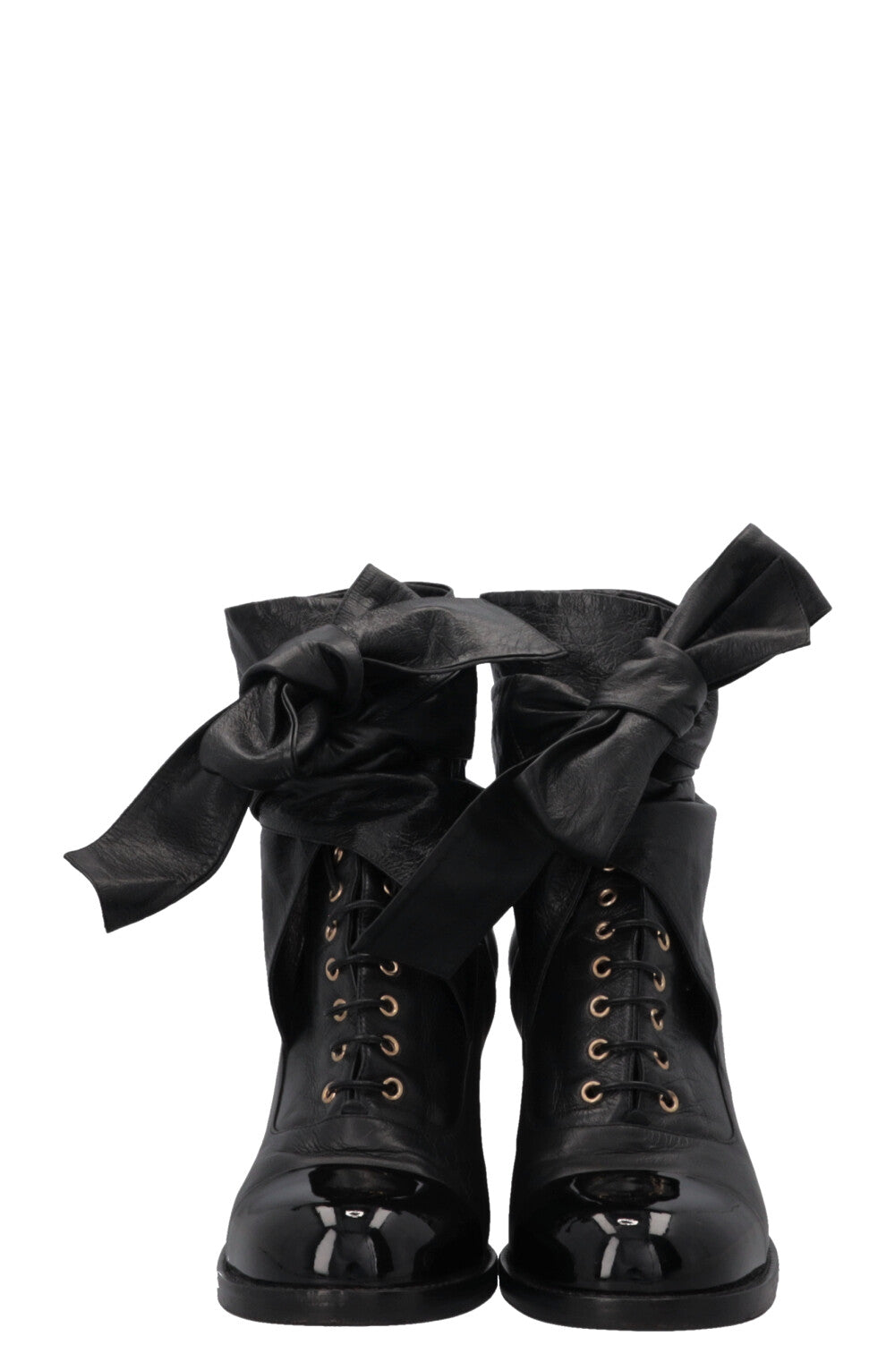 CHANEL Lace Up Ankle Boots Leather Black