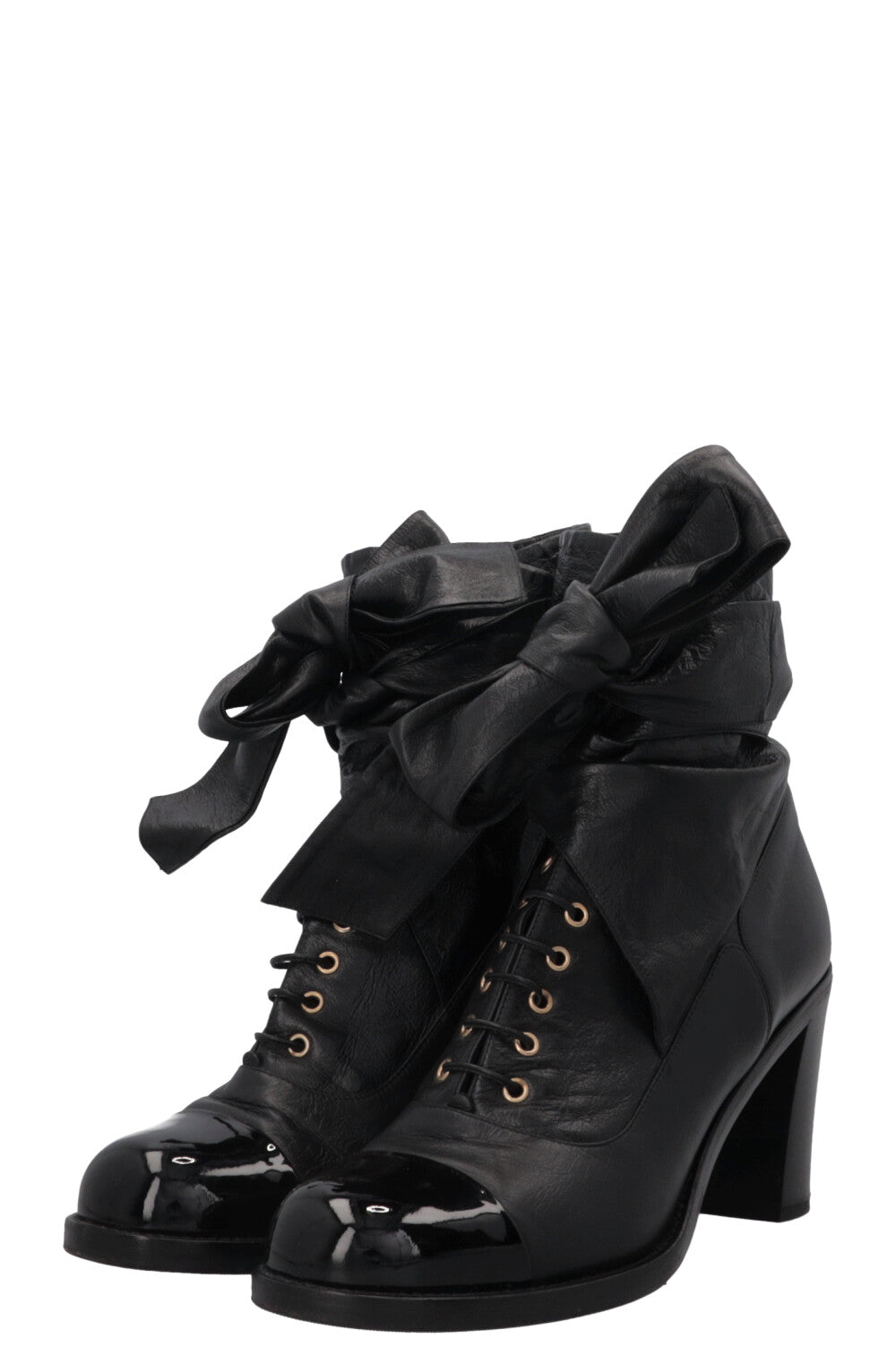 CHANEL Lace Up Ankle Boots Leather Black