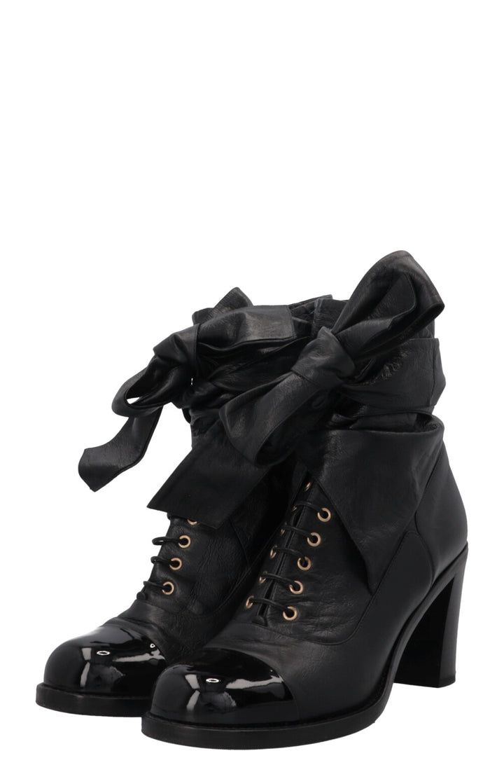 CHANEL Lace Up Ankle Boots Leather Black