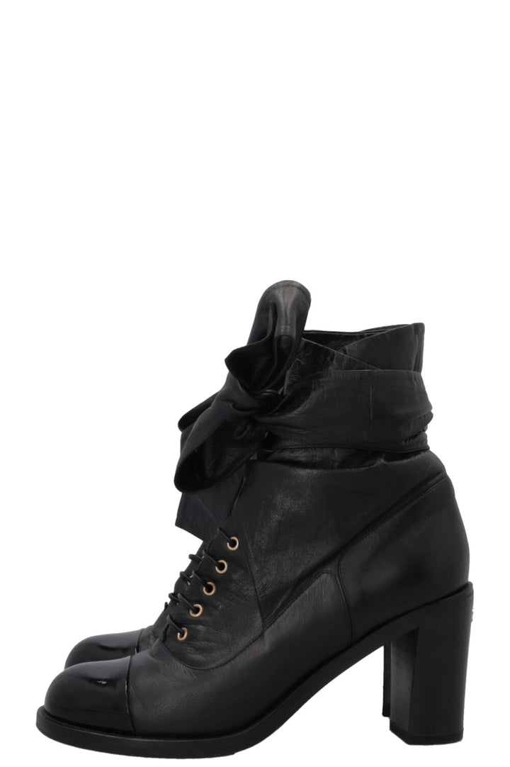 CHANEL Lace Up Ankle Boots Leather Black