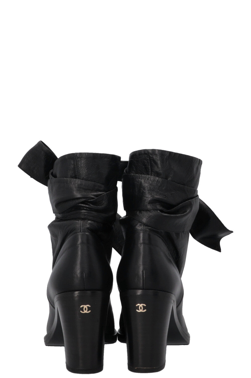 CHANEL Lace Up Ankle Boots Leather Black