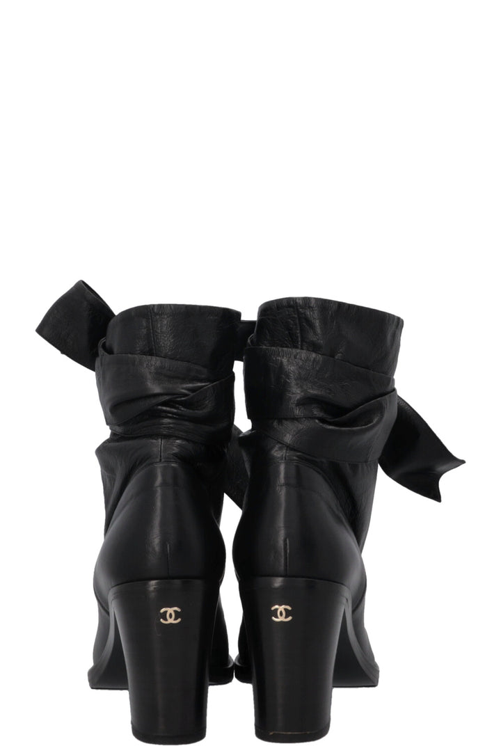 CHANEL Lace Up Ankle Boots Leather Black