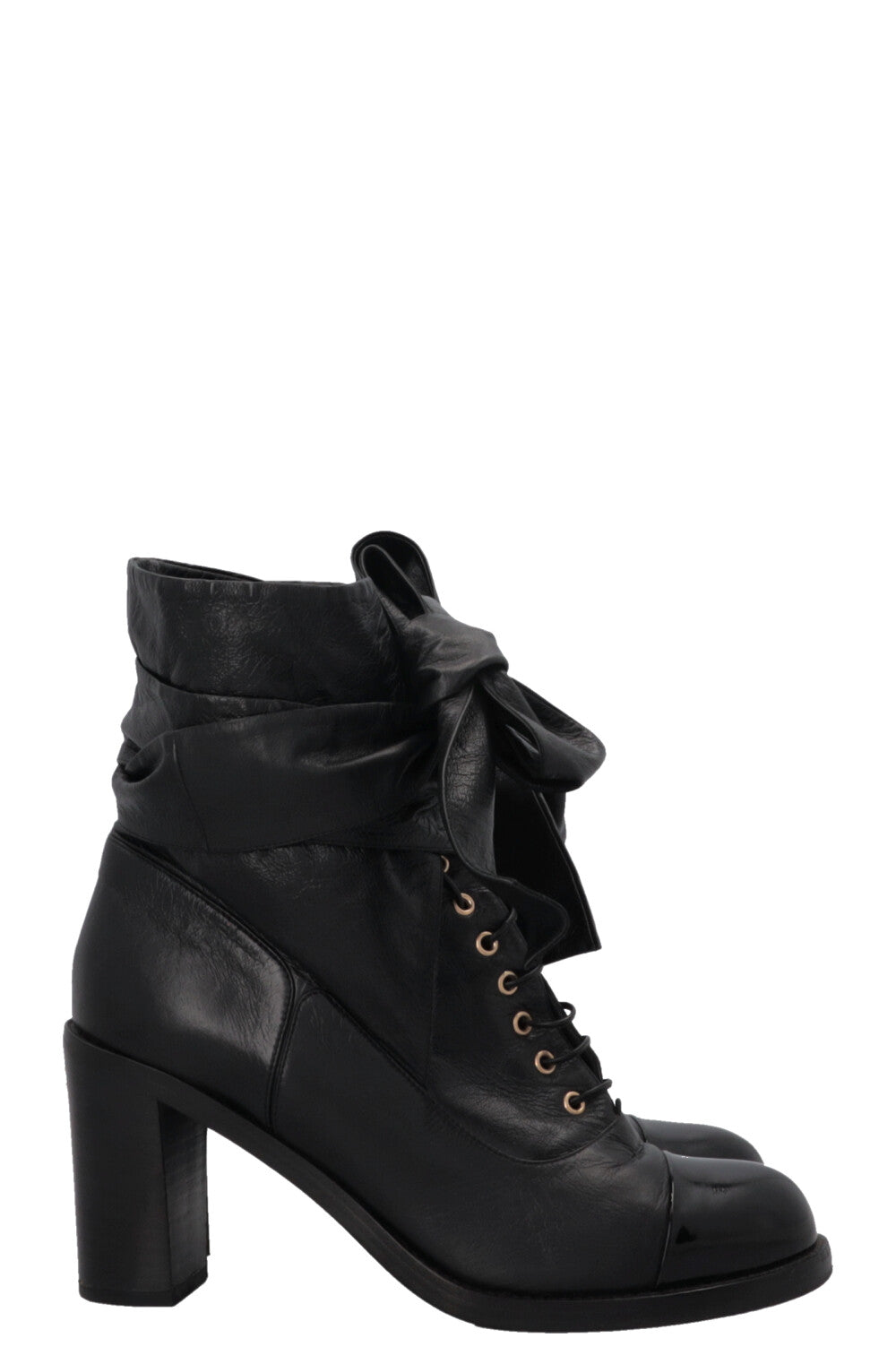 CHANEL Lace Up Ankle Boots Leather Black