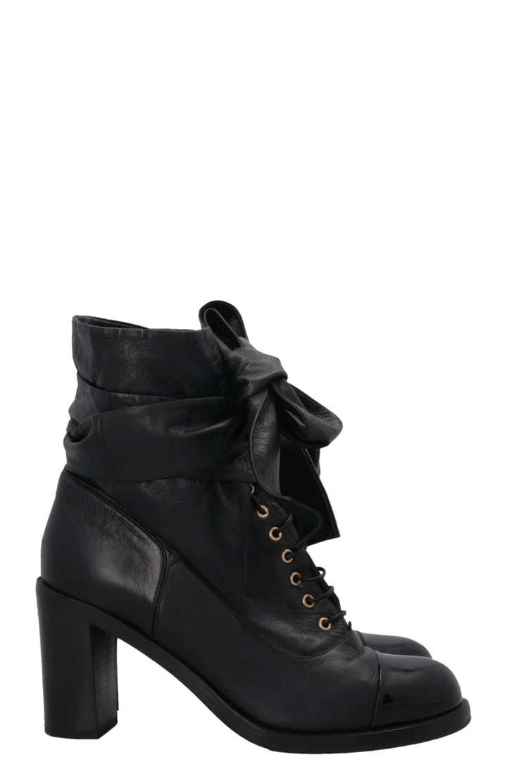 CHANEL Lace Up Ankle Boots Leather Black
