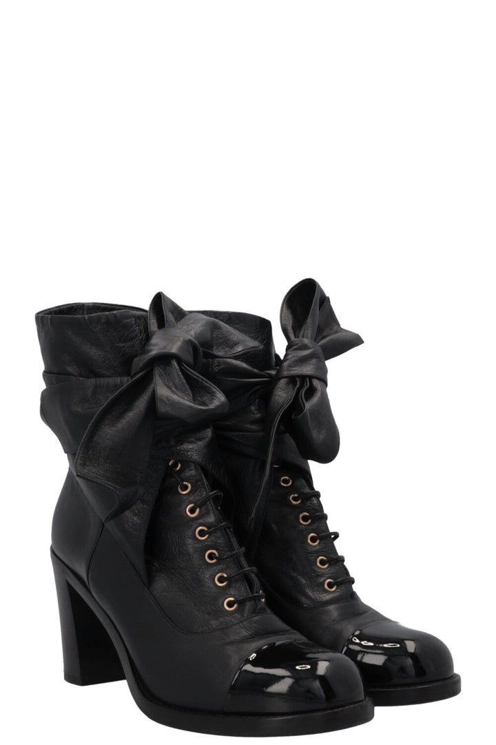 CHANEL Lace Up Ankle Boots Leather Black