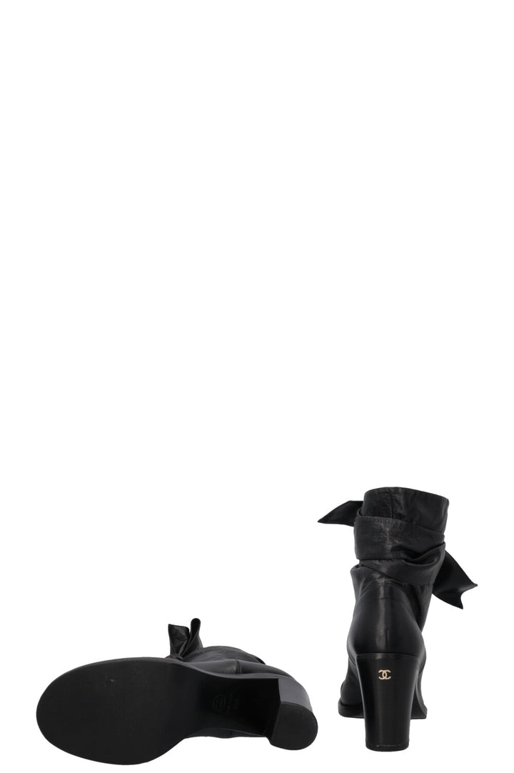 CHANEL Lace Up Ankle Boots Leather Black