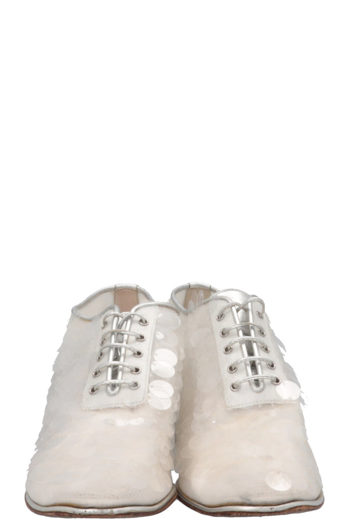 CHANEL Sequin Lace Up Oxford Heels Silver