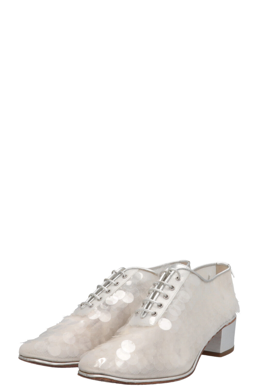 CHANEL Sequin Lace Up Oxford Heels Silver