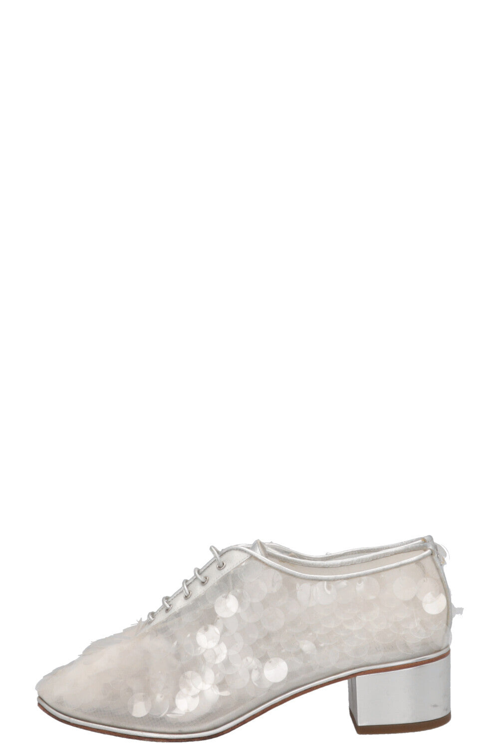 CHANEL Sequin Lace Up Oxford Heels Silver