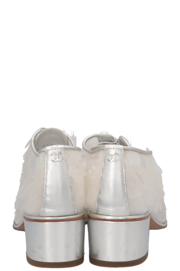 CHANEL Sequin Lace Up Oxford Heels Silver