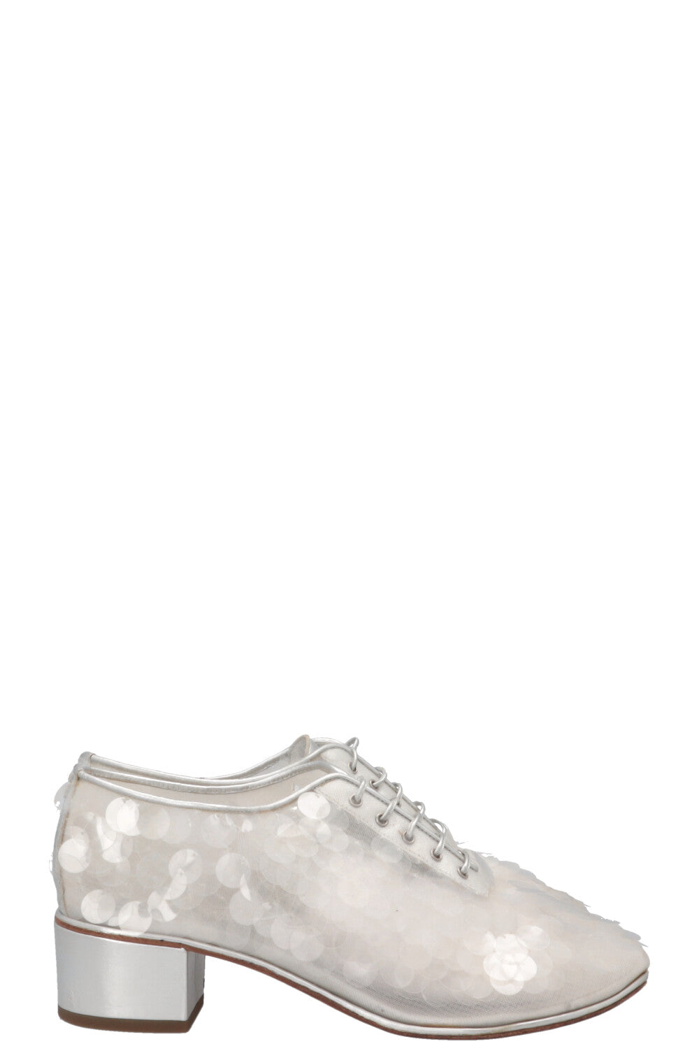 CHANEL Sequin Lace Up Oxford Heels Silver