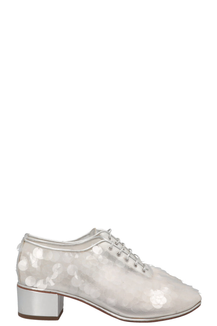 CHANEL Sequin Lace Up Oxford Heels Silver