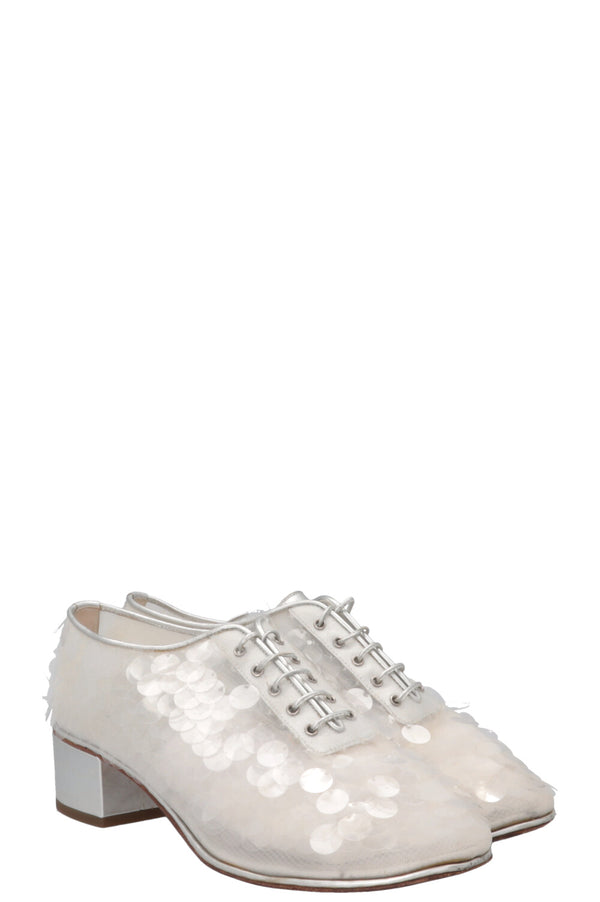 CHANEL Sequin Lace Up Oxford Heels Silver
