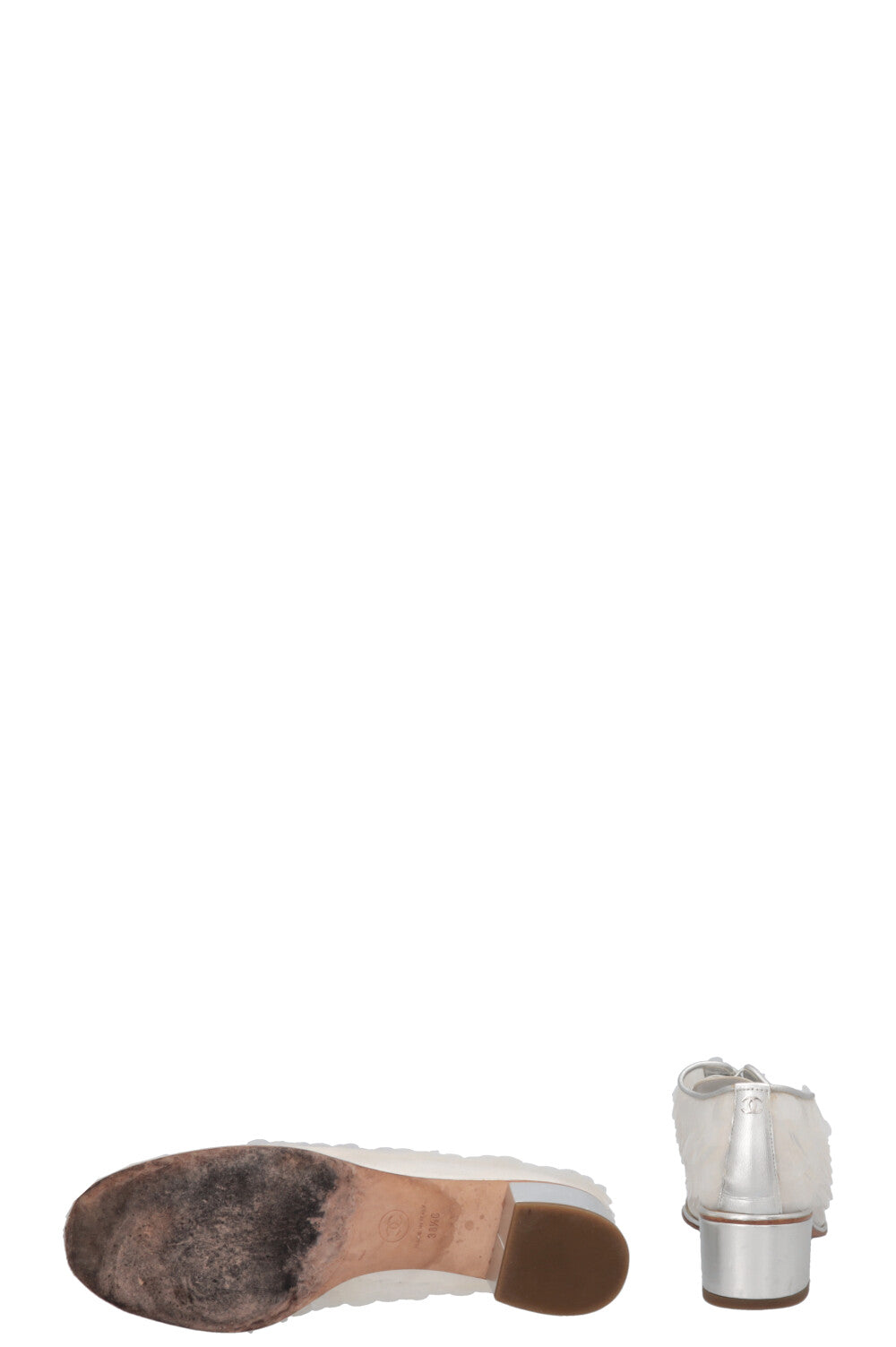 CHANEL Sequin Lace Up Oxford Heels Silver