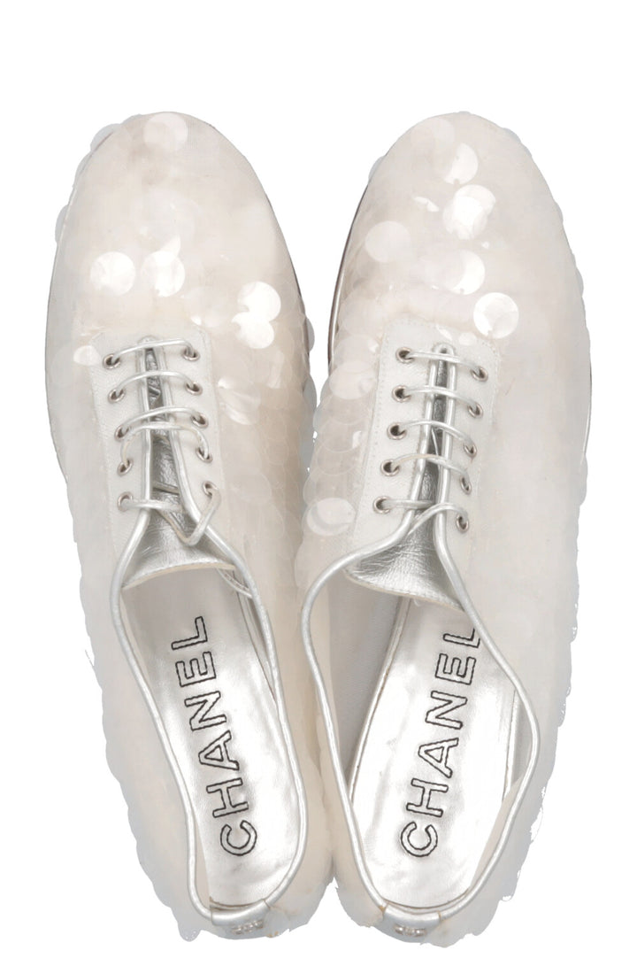CHANEL Sequin Lace Up Oxford Heels Silver