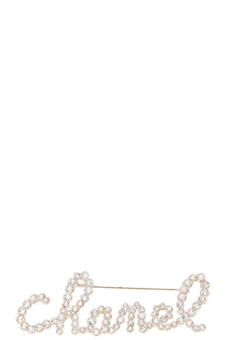 CHANEL 2021 Logo Brooch Crystal Pearls Champagne
