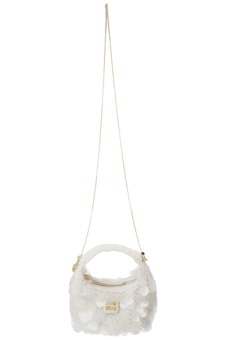 MIU MIU Sequin Mini Wander Crochet Hand Bag White