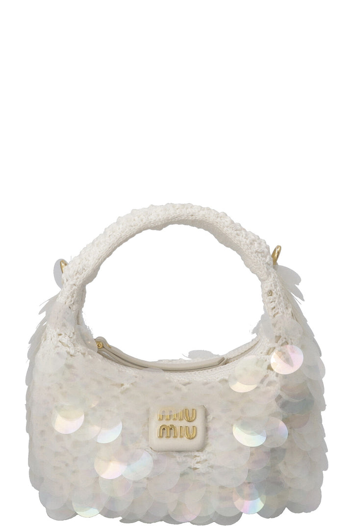 MIU MIU Sequin Mini Wander Crochet Hand Bag White