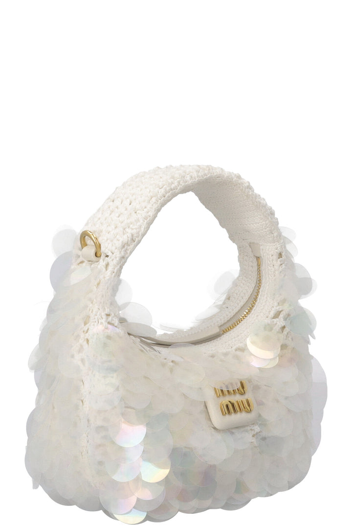 MIU MIU Sequin Mini Wander Crochet Hand Bag White