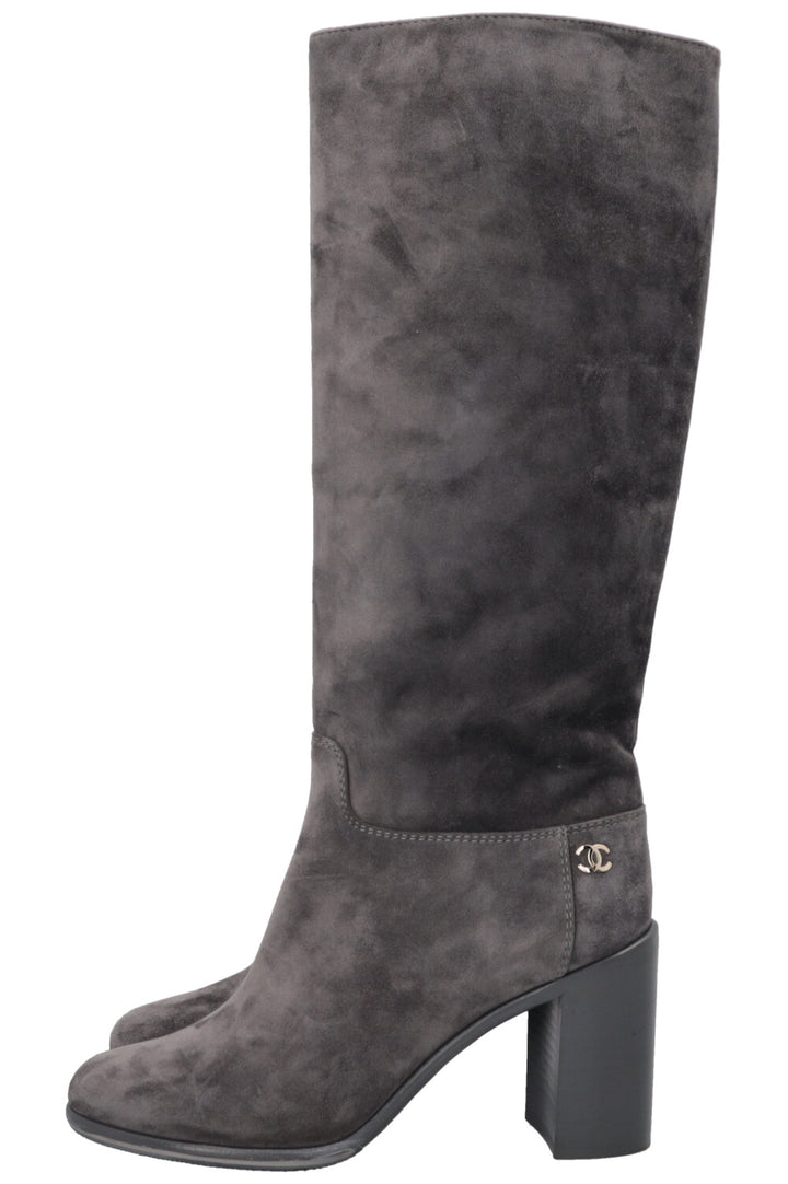 CHANEL CC Knee High Boots Grey Suede