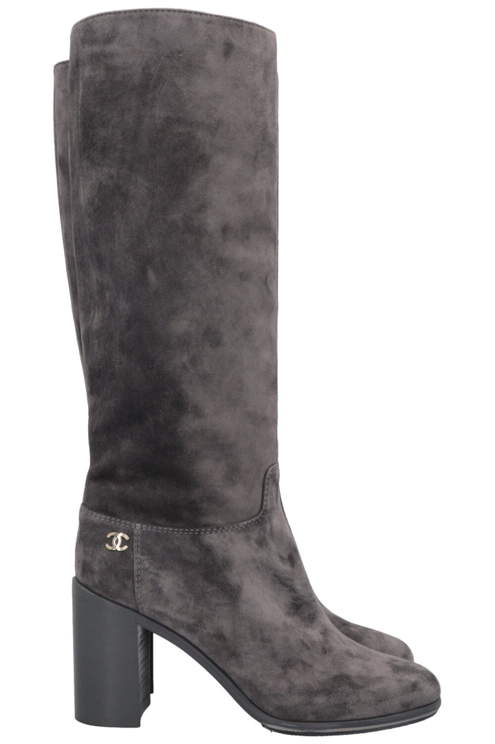 CHANEL CC Knee High Boots Grey Suede