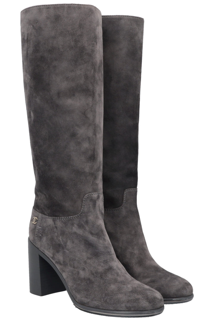 CHANEL CC Knee High Boots Grey Suede